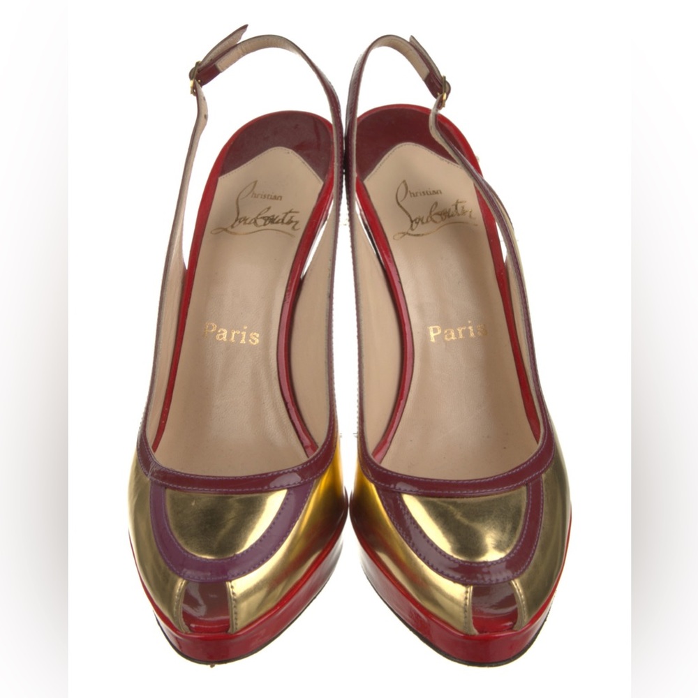 Christian Louboutin colorblock slingback pumps with peep toes.